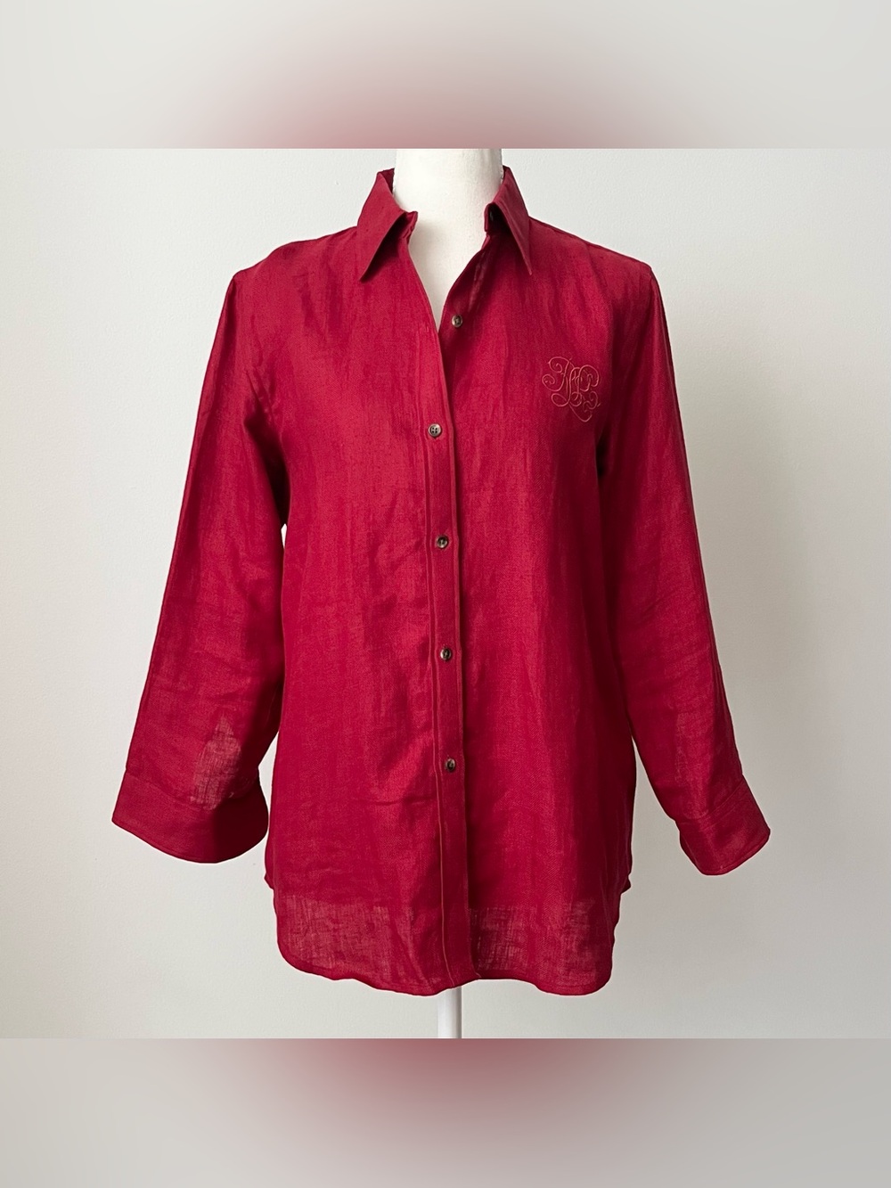 Vintage Lauren Ralph Lauren Women's Linen Shirt Red Size S Monogram Herringbone